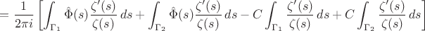 $$ = \frac{1}{2\pi i} \left[ \int_{\Gamma_1} \hat{\Phi}(s) \frac{\zeta'(s)}{\zeta(s)} \, ds + \int_{\Gamma_2} \hat{\Phi}(s) \frac{\zeta'(s)}{\zeta(s)} \, ds - C \int_{\Gamma_1} \frac{\zeta'(s)}{\zeta(s)} \, ds + C \int_{\Gamma_2} \frac{\zeta'(s)}{\zeta(s)} \, ds \right] $$