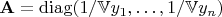 $\mathbf A = \operatorname{diag}(1/\mathbb V y_1, \ldots ,1/\mathbb V y_n)$