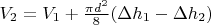 $V_2=V_1+\frac{\pi d^2}{8}(\Delta h_1-\Delta h_2)$