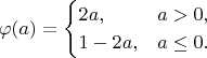 $$
\varphi(a) = 
\begin{cases}  2a, &a>0,\\
1-2a, & a\le 0.
\end{cases}
$$