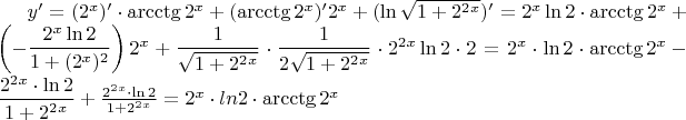 $y'=(2^x)'\cdot \arcctg 2^x+(\arcctg 2^x)'2^x+(\ln\sqrt{1+2^2^x})'=2^x \ln 2\cdot \arcctg 2^x+\left(-\dfrac{2^x\ln2}{1+(2^x)^2}\right) 2^x+\dfrac{1}{\sqrt{1+2^2^x}}\cdot\dfrac{1}{2\sqrt{1+2^2^x}}\cdot2^2^x\ln2\cdot2=2^x\cdot  \ln2\cdot \arcctg2^x-\dfrac {2^2^x\cdot \ln2}{1+2^2^x}+\frac{2^2^x\cdot \ln2}{1+2^2^x}=2^x \cdot ln2\cdot \arcctg2^x$