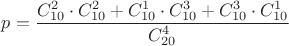 $p=\dfrac{C_{10}^2\cdot C_{10}^2+C_{10}^1\cdot C_{10}^3+C_{10}^3\cdot C_{10}^1}{C_{20}^4}$
