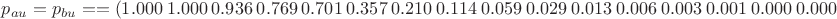 $p_{au}=p_{bu}==(1.000\ 1.000\ 0.936\ 0.769\ 0.701\ 0.357\ 0.210\ 0.114\ 0.059\ 0.029\ 0.013\ 0.006\ 0.003\ 0.001\ 0.000\ 0.000)$