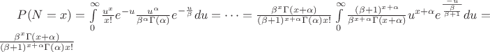 $P(N=x)=\int\limits_0^\infty\frac{u^x}{x!}e^{-u}\frac{u^\alpha}{\beta^\alpha\Gamma(\alpha)} e^{-\frac{u}{\beta}}du=\dots=\frac{\beta^x \Gamma(x+\alpha)}{(\beta+1)^{x+\alpha}\Gamma(\alpha)x!}\int\limits_0^\infty\frac{(\beta+1)^{x+\alpha}}{\beta^{x+\alpha}\Gamma(x+\alpha)}u^{x+\alpha}e^{\frac{-u}{\frac{\beta}{\beta+1}}}du=\frac{\beta^x \Gamma(x+\alpha)}{(\beta+1)^{x+\alpha}\Gamma(\alpha)x!}$