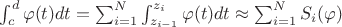 $\int_c^{d}{\varphi(t)dt}= \sum_{i=1}^{N}{\int_{z_{i-1}}^{z_i}{\varphi(t)dt}}\approx \sum_{i=1}^{N}{S_i(\varphi)}$ $\int_c^{d}{\varphi(t)dt}= \sum_{i=1}^{N}{\int_{z_{i-1}}^{z_i}{\varphi(t)dt}}\approx \sum_{i=1}^{N}{S_i(\varphi)}$