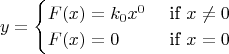 $$y= \begin {cases}F(x)=k_0 x^0  & \text{ if } x\neq0 \\F(x)=0 & \text{ if } x=0\end{cases}$$