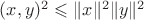 $(x,y)^2\leqslant\|x\|^2\|y\|^2$