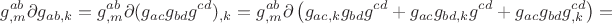 $$g^{ab}_{,m}\partial g_{ab,k}
=g^{ab}_{,m}\partial (g_{ac}g_{bd}g^{cd})_{,k}
=g^{ab}_{,m}\partial \left(g_{ac,k}g_{bd}g^{cd}+g_{ac}g_{bd,k}g^{cd}+g_{ac}g_{bd}g^{cd}_{,k}\right)
=$$