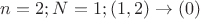 $n=2; N=1; (1,2)\to(0)$