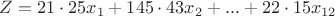 $Z=21\cdot25x_1+145\cdot43x_2+...+22\cdot15x_{12}$