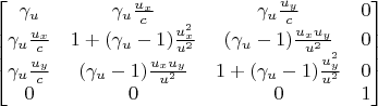 $$\begin{bmatrix}
 \gamma_u & \gamma_u \frac{u_x}{c} &\gamma_u \frac{u_y}{c} & 0\\
 \gamma_u \frac{u_x}{c} & 1 + (\gamma_u - 1) \frac{u_x^2}{u^2} &  (\gamma_u - 1) \frac{u_x u_y}{u^2}  & 0 \\
 \gamma_u \frac{u_y}{c} & (\gamma_u - 1) \frac{u_x u_y}{u^2}  & 1 + (\gamma_u - 1) \frac{u_y^2}{u^2}  & 0  \\
 0 & 0  & 0& 1 
\end{bmatrix}$$