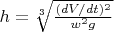 $h = \sqrt[3]{\frac{(dV/dt)^2}{w^2 g}}$