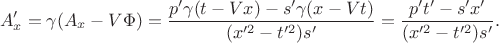 $$A_x'=\gamma(A_x-V\Phi)=\frac{p'\gamma(t-Vx)-s'\gamma(x-Vt)}{(x'^2-t'^2)s'}=\frac{p't'-s'x'}{(x'^2-t'^2)s'}.$$
