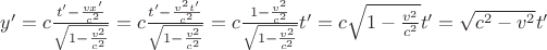 $y'=c\frac{t'-\frac{vx'}{c^2}}{\sqrt{1-\frac{v^2}{c^2}}}=c\frac{t'-\frac{v^2t'}{c^2}}{\sqrt{1-\frac{v^2}{c^2}}}=c\frac{1-\frac{v^2}{c^2}}{\sqrt{1-\frac{v^2}{c^2}}}t'=c\sqrt{1-\frac{v^2}{c^2}}t'=\sqrt{c^2-v^2}t'$