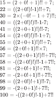 $15 = (2+0!+1)!!+7;


22 = ((2+0!)!-1)!!+7;


30 = 2\times(-0!-1+7)!!;


40 = ((2+0!)!)!!-1-7;


41 = ((2+0+1)!)!!-7;


54 = ((2+0!)!)!!-1+7;


55 = ((2+0+1)!)!!+7;


56 = (2+0!+1)!!\times7;


57 = -((2+0+1)!)!!+7!!;


58 = -((2+0!)!)!!-1+7!!;


81 = -(2+0!+1)!+7!!;


97 = -(2+0!+1)!!+7!!;


98 = ((2+0!)!+1)!!-7;


99 = -(2+0+1)!+7!!;


100 = -((2+0!)!-1)+7!!$