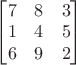 $\begin{bmatrix}7&8&3\\1&4&5\\6&9&2\end{bmatrix}$