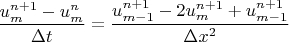 $$
\frac{u^{n+1}_m - u^{n}_m}{\Delta t} = \frac{u^{n+1}_{m-1} - 2 u^{n+1}_{m} + u^{n+1}_{m-1}}{\Delta x^2}
$$