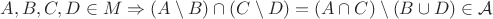 $A,B,C,D\in M\Rightarrow (A\setminus B)\cap (C\setminus D) = (A\cap C)\setminus (B\cup D)\in\mathcal{A}$