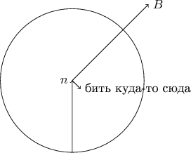 $$\begin{tikzpicture}
			\draw (0,0) circle (2cm);
			\draw [->] (0,-2) -- (0,0);
			\draw (0,0) node[anchor=east]{$n$};
			\draw[->] (0,0) -- (45:3)node[anchor=west]{$B$};
			\draw[->] (0,0) -- (-45:0.33)node[anchor=west]{$\text{бить куда-то сюда}$}; 
		\end{tikzpicture}$$