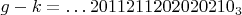 $g-k=\ldots 2011211202020210_3$