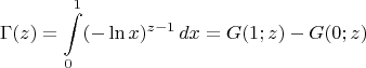 $$\operatorname{\Gamma}(z)=\int\limits_{0}^{1}(-\ln x)^{z-1}\, dx = G(1;z)-G(0;z)$$