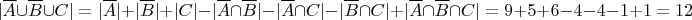 $$|\overline{A} \cup \overline{B} \cup C|= |\overline{A}|+|\overline{B}|+ |C|-|\overline{A} \cap \overline{B}|-|\overline{A} \cap C| - |\overline{B} \cap C|+|\overline{A} \cap \overline{B} \cap C|=9+5+6-4-4-1+1=12