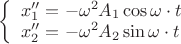 $
\left\{ \begin{array}{l}
x_1''=-{\omega}^2 A_1\cos \omega\cdot t\\
x_2''=-{\omega}^2 A_2\sin \omega\cdot t\\
\end{array} \right
$