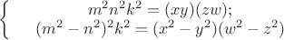 $\left\{
\begin{array}{rcl}
 &m^2 n^2 k^2=(xy)(zw);& \\
 &(m^2-n^2 )^2 k^2=(x^2-y^2 )(w^2-z^2 )& \\
\end{array}
\right. $