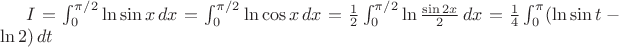 $I=\int_0^{\pi/2}\ln\sin x\,dx=\int_0^{\pi/2}\ln\cos x\,dx=\frac12\int_0^{\pi/2}\ln{\sin 2x\over2}\,dx=\frac14\int_0^\pi(\ln\sin t-\ln2)\,dt$