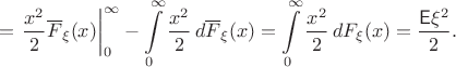 $$
= \left. \frac{x^2}{2} \overline F_\xi(x) \right|_0^\infty - \int\limits_0^\infty \frac{x^2}{2}\, d \overline F_\xi(x) = \int\limits_0^\infty \frac{x^2}{2}\, d F_\xi(x) = \frac{\mathsf E \xi^2}{2}.
$$ $$
= \left. \frac{x^2}{2} \overline F_\xi(x) \right|_0^\infty - \int\limits_0^\infty \frac{x^2}{2}\, d \overline F_\xi(x) = \int\limits_0^\infty \frac{x^2}{2}\, d F_\xi(x) = \frac{\mathsf E \xi^2}{2}.
$$