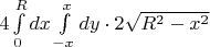 $4\int\limits_0^Rdx\int\limits_{-x}^xdy\cdot2\sqrt{R^2-x^2}$