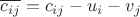 $$\overline{c_{ij}}=c_{ij}-u_i-v_j$$ $$\overline{c_{ij}}=c_{ij}-u_i-v_j$$