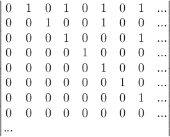 $\begin{vmatrix}
0 & 1 & 0 & 1 & 0 & 1 & 0 & 1 & ...\\
0 & 0 & 1 & 0 & 0 & 1 & 0 & 0 & ...\\
0 & 0 & 0 & 1 & 0 & 0 & 0 & 1 & ...\\
0 & 0 & 0 & 0 & 1 & 0 & 0 & 0 & ...\\
0 & 0 & 0 & 0 & 0 & 1 & 0 & 0 & ...\\
0 & 0 & 0 & 0 & 0 & 0 & 1 & 0 & ...\\
0 & 0 & 0 & 0 & 0 & 0 & 0 & 1 & ...\\
0 & 0 & 0 & 0 & 0 & 0 & 0 & 0 & ...\\
...
\end{vmatrix}$