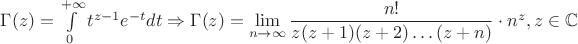 $\Gamma(z)=\int\limits_0^{+\infty}t^{z-1}e^{-t}dt\Rightarrow\Gamma(z)=\lim\limits_{n\to\infty}\dfrac{n!}{z(z+1)(z+2)\dots(z+n)}\cdot n^z, z\in\mathbb{C}$