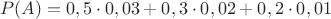 $$P(A)=0,5\cdot 0,03+0,3\cdot 0,02+0,2\cdot 0,01$$