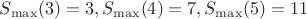 $S_{\max}(3)=3, S_{\max}(4)=7, S_{\max}(5)=11$
