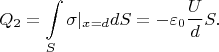 $$Q_2=\int\limits_{S}\sigma|_{x=d}dS=-\varepsilon_0 \frac U d S.$