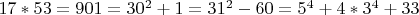 $17*53=901=30^2+1=31^2-60=5^4+4*3^4+33$