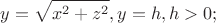 $$\ y = \sqrt{x^2+z^2}, y = h, h > 0; $$