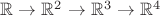 $\mathbb{R} \to \mathbb{R}^2 \to \mathbb{R}^3 \to \mathbb{R}^4$