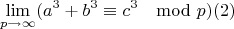 $$\lim\limits_{p \rightarrow \infty}(a^3+b^3\equiv c^3\mod p) (2)$$
