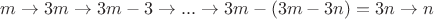 $m\to 3m\to 3m-3\to...\to 3m-(3m-3n)=3n\to n$