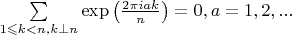 $\sum\limits_{1\leqslant k<n, k\perp n}\exp\left(\frac{2\pi i ak}{n}\right)=0, a=1,2,...$