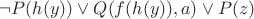 $ \neg P(h(y)) \vee Q(f(h(y)),a) \vee P(z) $