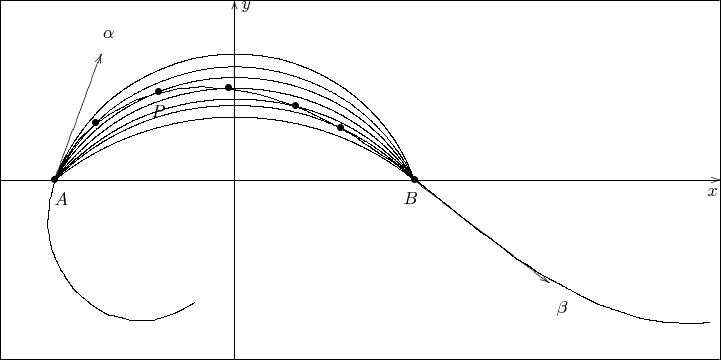 $\begin{xy} /r1pt/:,
(0,0);(400,0)**@{-},
(400,0);(400,200)**@{-},
(400,200);(0,200)**@{-},
(0,200);(0,0)**@{-},
(130,0);(130,200)**@{-}*@{>},(134,193)*!DL{y},
(0,100);(400,100)**@{-}*@{>},(393,91)*!DL{x},
(30,86)*!DL{A},(224,87)*!DL{B},
,
(394,21) ;(381,20) **\crv{(388,20) },
(381,20) ;(369,21) **\crv{(375,21) },
(369,21) ;(356,23) **\crv{(362,22) },
(356,23) ;(344,27) **\crv{(350,25) },
(344,27) ;(332,31) **\crv{(338,29) },
(332,31) ;(320,37) **\crv{(326,34) },
(320,37) ;(309,43) **\crv{(315,40) },
(309,43) ;(298,49) **\crv{(303,46) },
(298,49) ;(287,56) **\crv{(293,53) },
(287,56) ;(277,64) **\crv{(282,60) },
(277,64) ;(267,71) **\crv{(272,68) },
(267,71) ;(257,79) **\crv{(262,75) },
(257,79) ;(247,87) **\crv{(252,83) },
(247,87) ;(237,95) **\crv{(242,91) },
(237,95) ;(227,103)**\crv{(232,99) },
(227,103);(217,111)**\crv{(222,107)},
(217,111);(206,118)**\crv{(211,114)},
(206,118);(196,125)**\crv{(201,121)},
(196,125);(185,131)**\crv{(190,128)},
(185,131);(173,137)**\crv{(179,134)},
(173,137);(161,142)**\crv{(167,140)},
(161,142);(149,146)**\crv{(155,144)},
(149,146);(137,149)**\crv{(143,148)},
(137,149);(124,151)**\crv{(131,150)},
(124,151);(112,152)**\crv{(118,151)},
(112,152);(99,151) **\crv{(105,151)},
(99,151) ;(86,148) **\crv{(93,149) },
(86,148) ;(74,144) **\crv{(80,146) },
(74,144) ;(63,138) **\crv{(69,141) },
(63,138) ;(53,131) **\crv{(58,135) },
(53,131) ;(43,122) **\crv{(48,127) },
(43,122) ;(36,112) **\crv{(40,117) },
(36,112) ;(30,100) **\crv{(33,106) },
(30,100) ;(27,88)  **\crv{(29,94)  },
(27,88)  ;(26,75)  **\crv{(27,82)  },
(26,75)  ;(28,63)  **\crv{(27,69)  },
(28,63)  ;(33,51)  **\crv{(30,57)  },
(33,51)  ;(40,40)  **\crv{(36,46)  },
(40,40)  ;(49,32)  **\crv{(44,36)  },
(49,32)  ;(60,25)  **\crv{(54,28)  },
(60,25)  ;(72,22)  **\crv{(66,24)  },
(72,22)  ;(85,22)  **\crv{(79,22)  },
(85,22)  ;(97,26)  **\crv{(91,24)  },
(97,26)  ;(108,32) **\crv{(103,29) },
,
(53,132)*{\bullet},
(88,149)*{\bullet},
(127,151)*{\bullet},
(164,141)*{\bullet},
(189,129)*{\bullet},
(30,100)*{\bullet},
(230,100)*{\bullet},
,
(30,100) ;(61,139) **\crv{(42,123) },
(61,139) ;(106,160)**\crv{(81,154) },
(106,160);(155,160)**\crv{(130,166)},
(155,160);(199,139)**\crv{(180,154)},
(199,139);(230,100)**\crv{(219,123)},
,
(30,100) ;(73,142) **\crv{(46,127) },
(73,142) ;(130,157)**\crv{(100,157)},
(130,157);(188,142)**\crv{(161,157)},
(188,142);(230,100)**\crv{(214,127)},
,
(30,100) ;(74,138) **\crv{(48,124) },
(74,138) ;(130,151)**\crv{(101,151)},
(130,151);(186,138)**\crv{(160,151)},
(186,138);(230,100)**\crv{(213,124)},
,
(30,100) ;(76,134) **\crv{(50,122) },
(76,134) ;(130,145)**\crv{(102,145)},
(130,145);(185,134)**\crv{(159,145)},
(185,134);(230,100)**\crv{(211,122)},
,
(30,100) ;(94,137) **\crv{(57,127) },
(94,137) ;(167,137)**\crv{(130,146)},
(167,137);(230,100)**\crv{(203,127)},
,
(84,135)*!DL{P},
,
(30,100) ;(59,143) **\crv{(40,125) },
(59,143) ;(105,167)**\crv{(79,160) },
(105,167);(156,167)**\crv{(130,173)},
(156,167);(201,143)**\crv{(182,160)},
(201,143);(230,100)**\crv{(221,125)},
,
(30,100) ;(56,170) **@{-}*@{>},
(57,179)*!DL{\alpha},
,
(30,100) ;(95,131) **\crv{(59,123) },
(95,131) ;(166,131)**\crv{(130,139)},
(166,131);(230,100)**\crv{(201,123)},
,
,
(230,100);(305,43) **@{-}*@{>},
(309,24)*!DL{\beta},
,
\end{xy}$