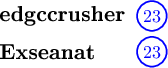 \begin{tikzpicture}[scale=1.0]
\node[anchor=west] at (0, 2.9) {\large\textbf{edgccrusher}};
\node[blue] (num1) at (3.1, 2.9) {$23$};
\draw[blue, thick] (num1) circle (0.29);
\node[anchor=west] at (0, 2.2) {\large\textbf{Exseanat}};
\node[blue] (num2) at (3.1, 2.2) {$23$};
\draw[blue, thick] (num2) circle (0.29);
\end{tikzpicture}