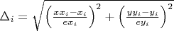 $\Delta_i=\sqrt{\left( \frac{xx_i-x_i}{ex_i}\right)^2+\left( \frac{yy_i-y_i}{ey_i}\right)^2}$