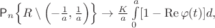 $\mathsf{P}_n\Bigl\{R\setminus \Bigl(-\frac{1}{a},\frac{1}{a}\Bigr)\Bigr\}  \to \frac{K}{a}\int\limits_0^a [1- \operatorname{Re} \varphi(t)] d,$