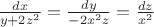 $\frac{dx}{y+2z^2} = \frac{dy}{-2x^2 z} = \frac{dz}{x^2}$