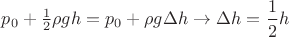 $p_0+\frac{1}{2}\rho g h=p_0+\rho g \Delta h  \to \Delta h = \dfrac{1}{2}h$